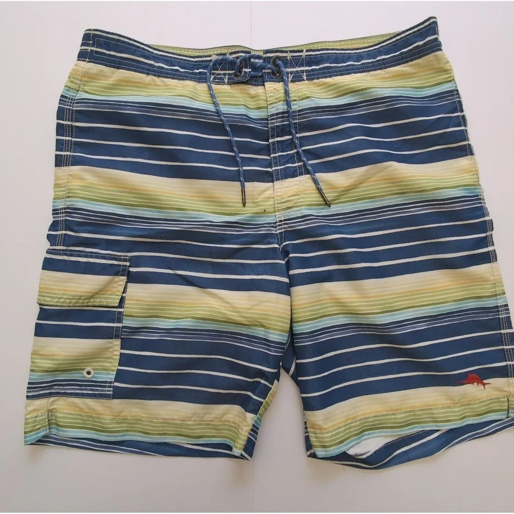 Lot of 2 Pairs Tommy Bahama Swim Trunks Boardshorts Mens Medium Stripe Marlin
